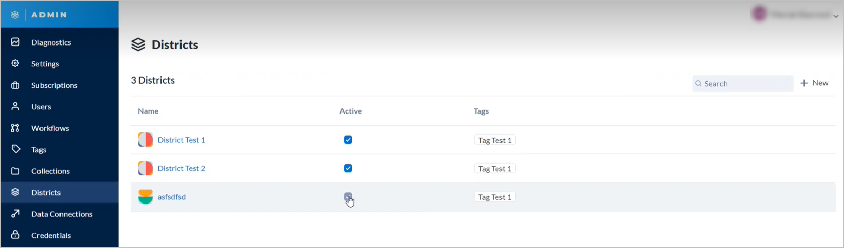 Example of the districts in the Server admin interface.