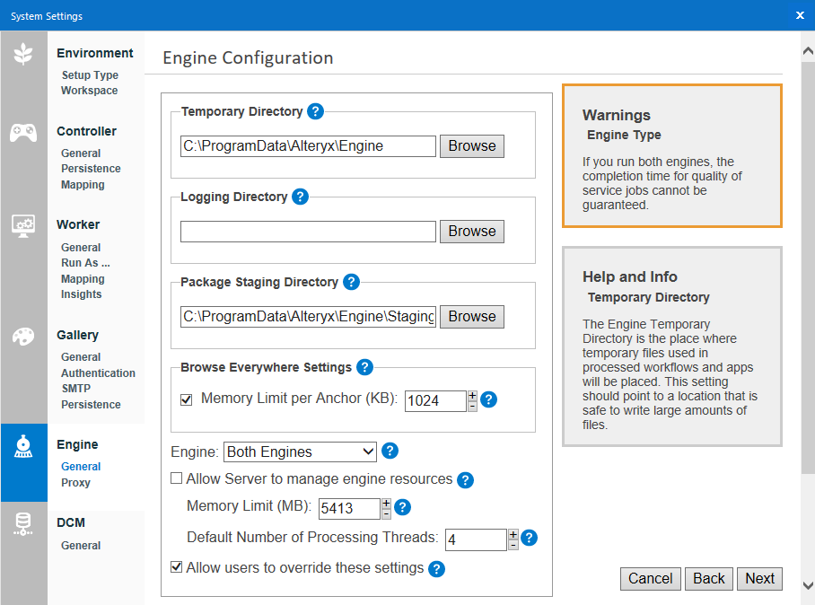 Engine configuration in Alteryx System Settings.