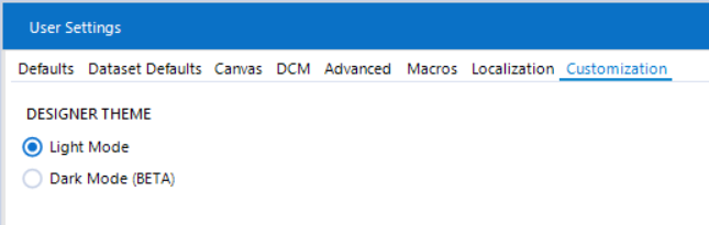 Image that shows the Designer Theme User Settings with Light Mode selected.