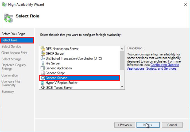 On the Select Role screen, highlight the Generic Service role and select Next. 
