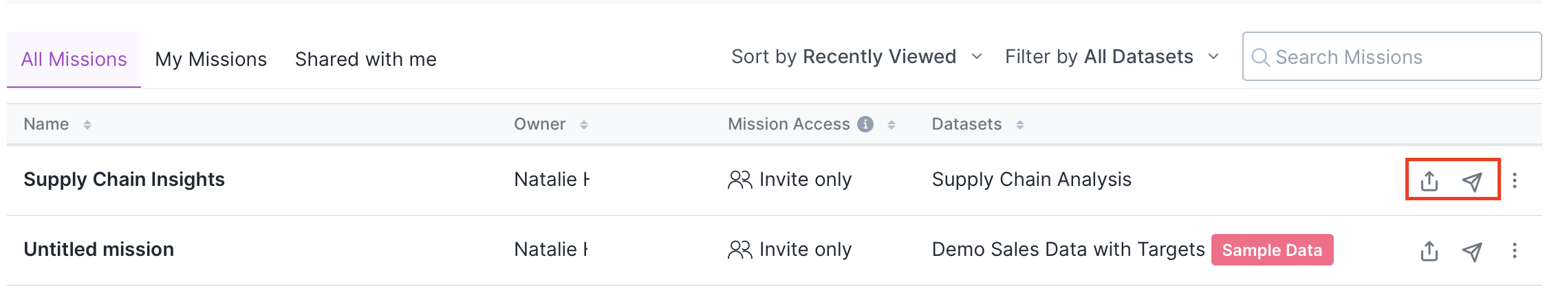 Share buttons on Missions