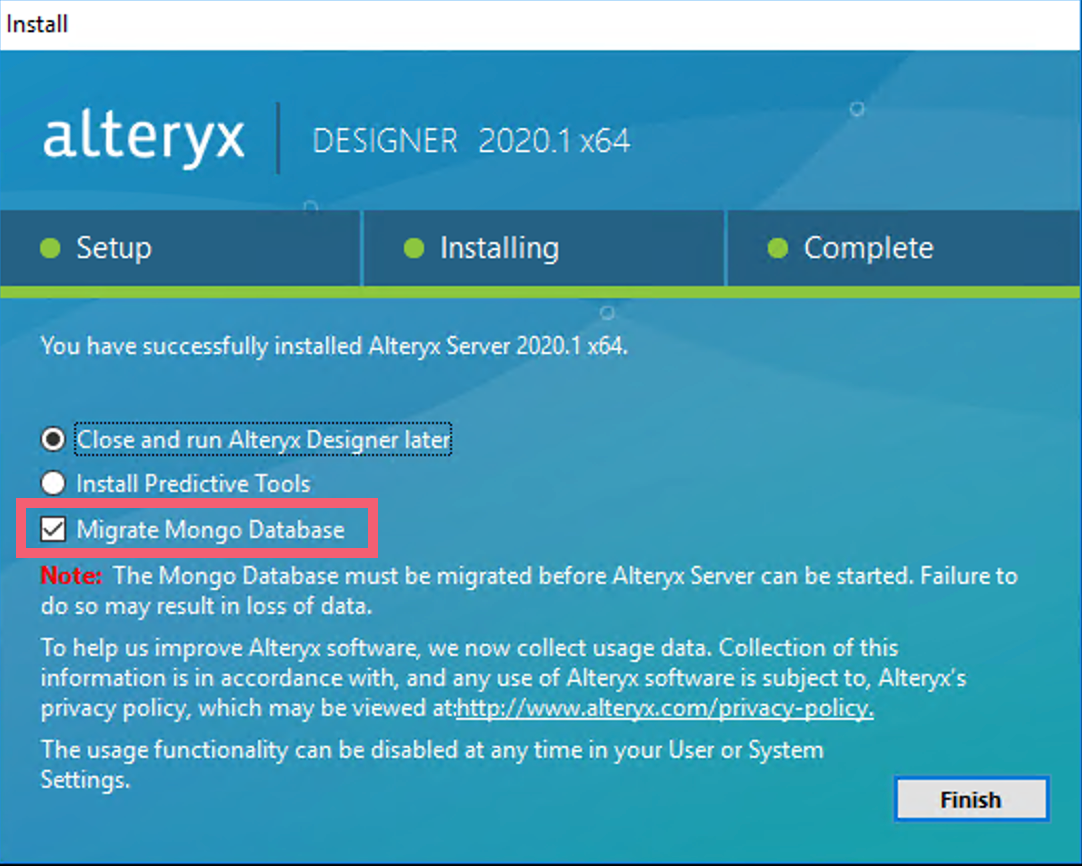 Screenshot of Install screen highlighting the Migration Mongo Database option