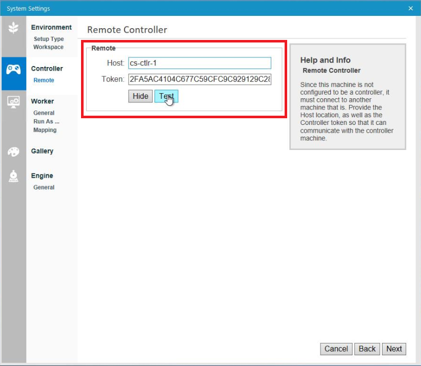 On the Remote Controller screen, enter the DNS host name that was created in step 7 of the Add a Cluster Role section and the Controller Token obtained in step 3 of the Primary Controller Configuration section of these instructions.