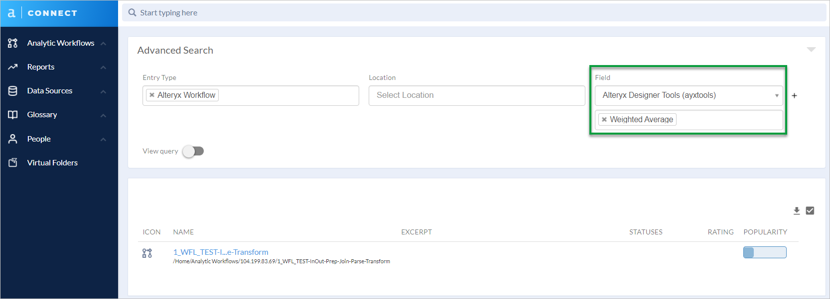 Screenshot of Connect showing Advanced Search using the filter Alteryx Designer Tools.