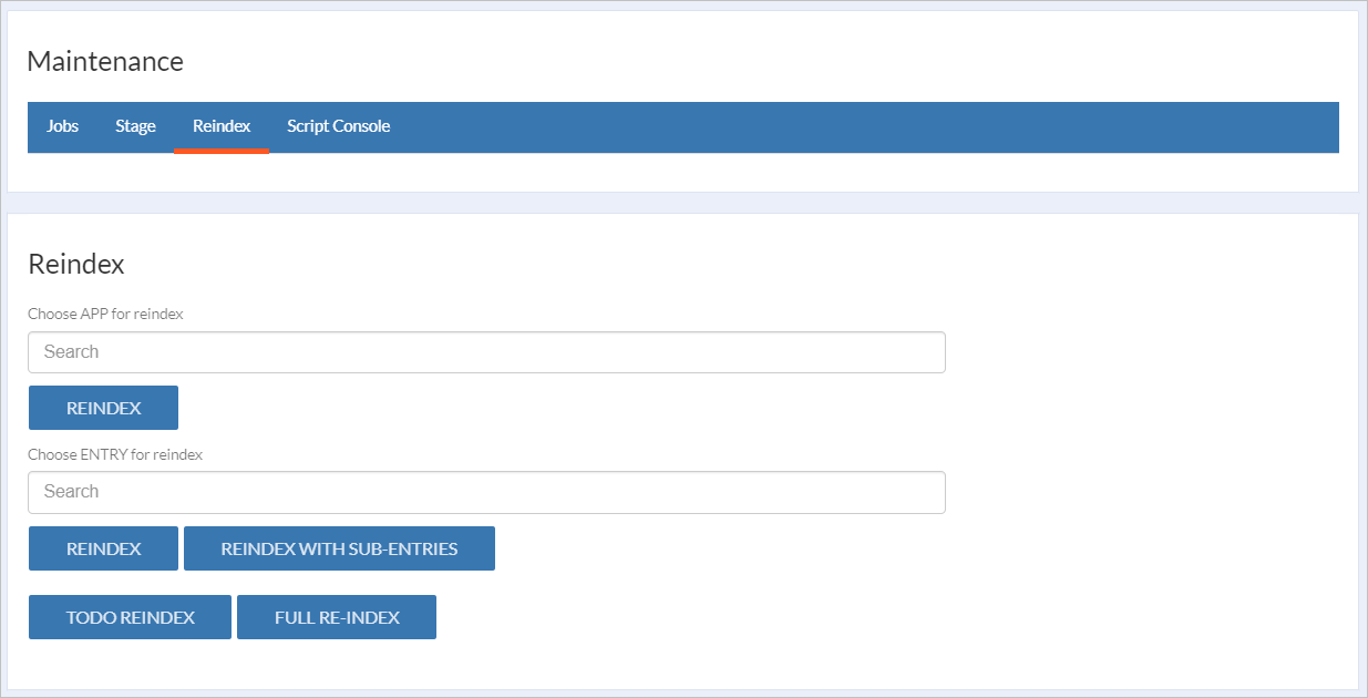 Screenshot of the Reindex section in Administration Console.