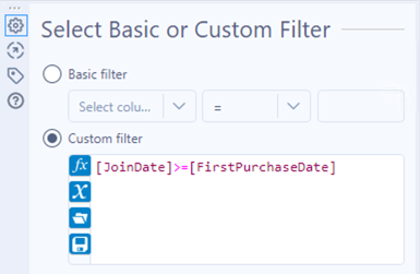 Screenshot of a custom filter with the condition JoinDate is greater than or equal to the FirstPurchaseDate 