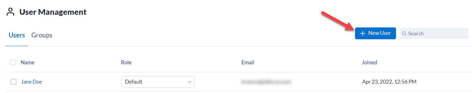 On the Users tab of the User Management page, select New User to add a new user.