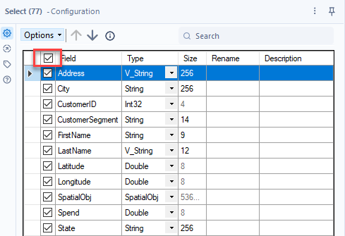 Image showing the Select tool configuration window with the select all check box highlighted.