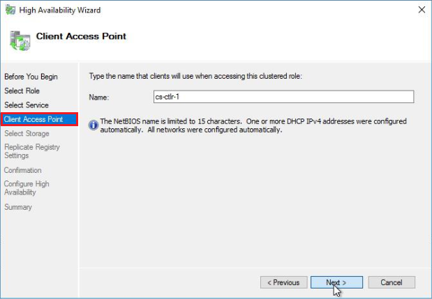 On the Client Access Point screen, enter a DNS name that will be used for accessing the cluster role.