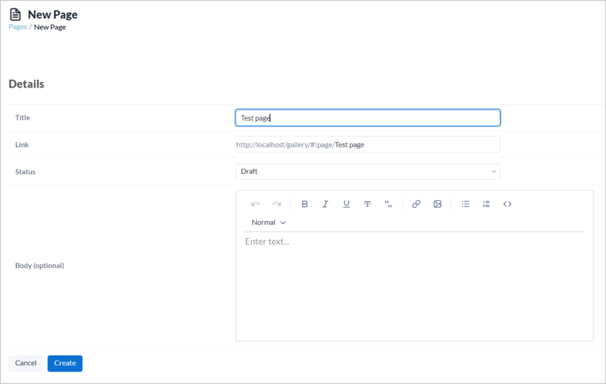 Create a page by selecting +New in the Published or Drafts tab.