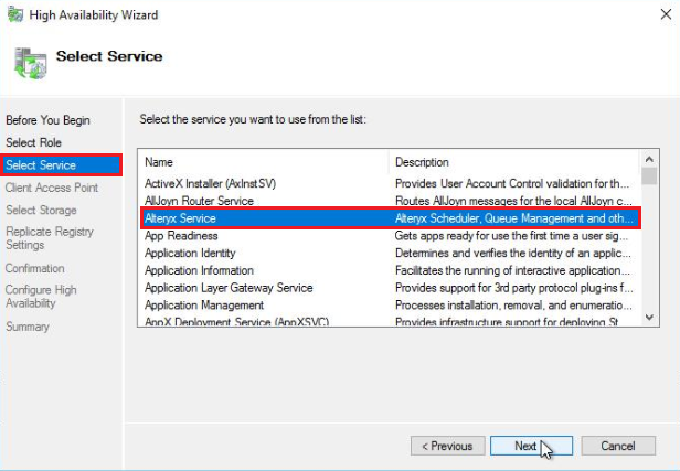 On the Select Service screen, select Alteryx Service and select Next to proceed.  